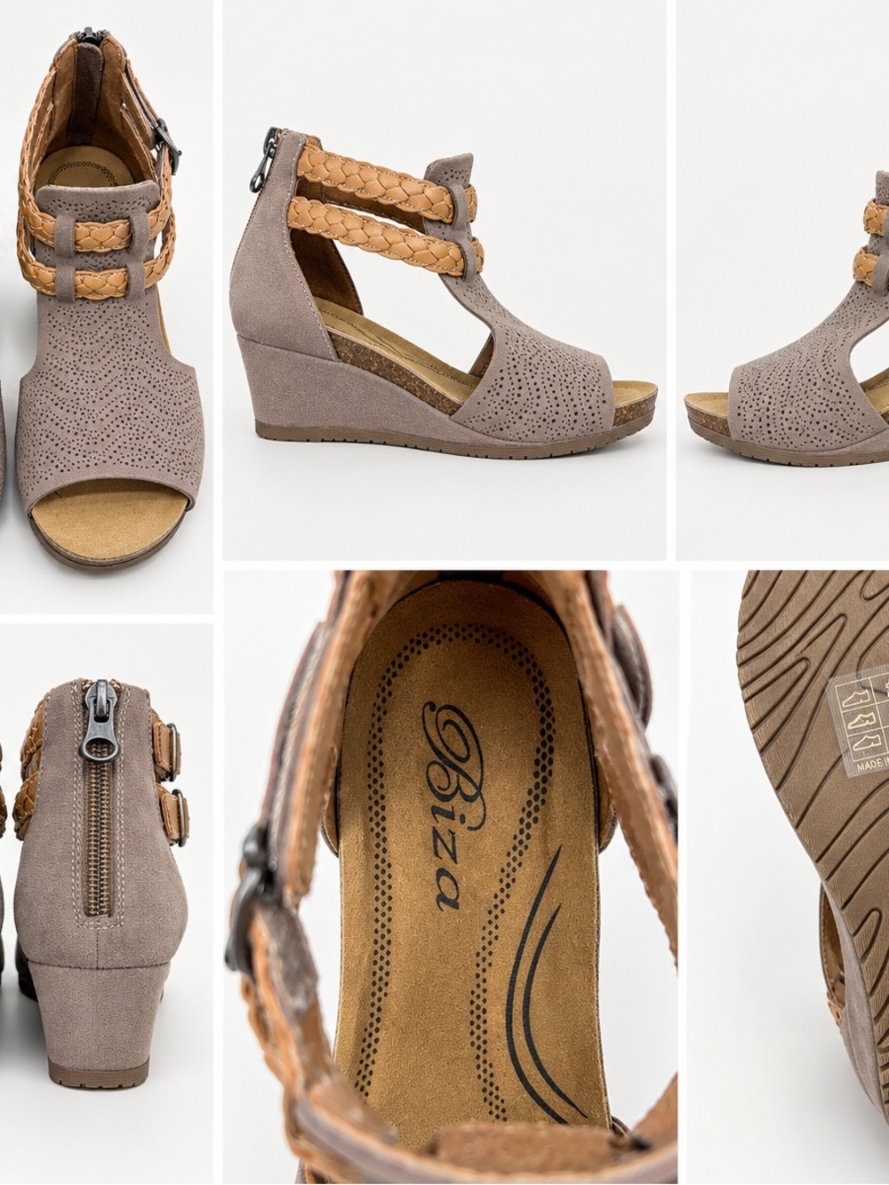 Biza Taupe Perforated Wedge Sandals – Size 38 – New